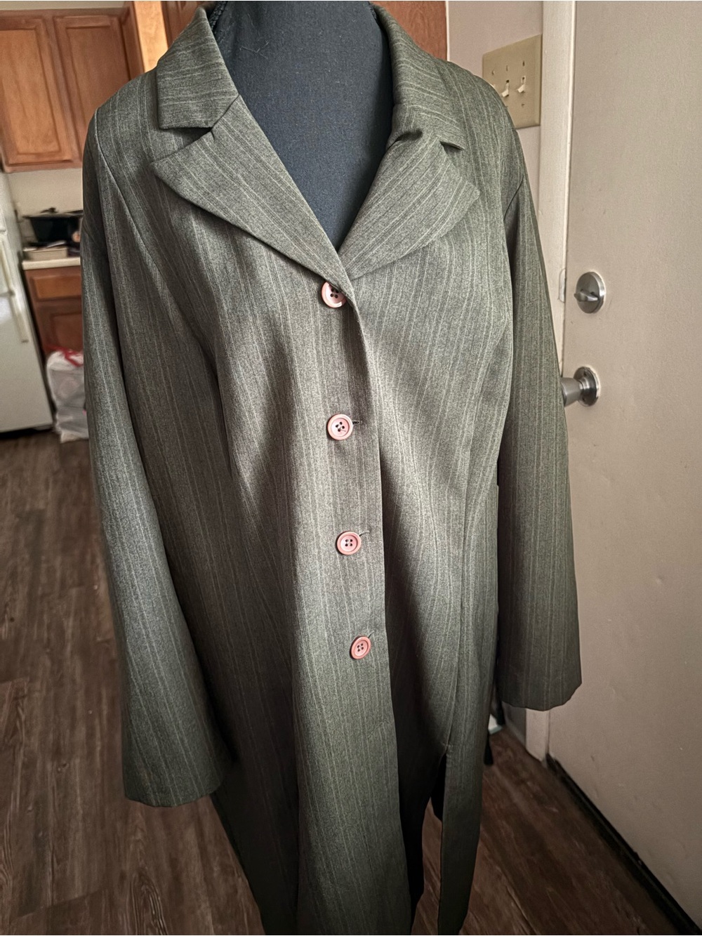 Dana Kay Olive Pinstripe Button-Front Trench Coat